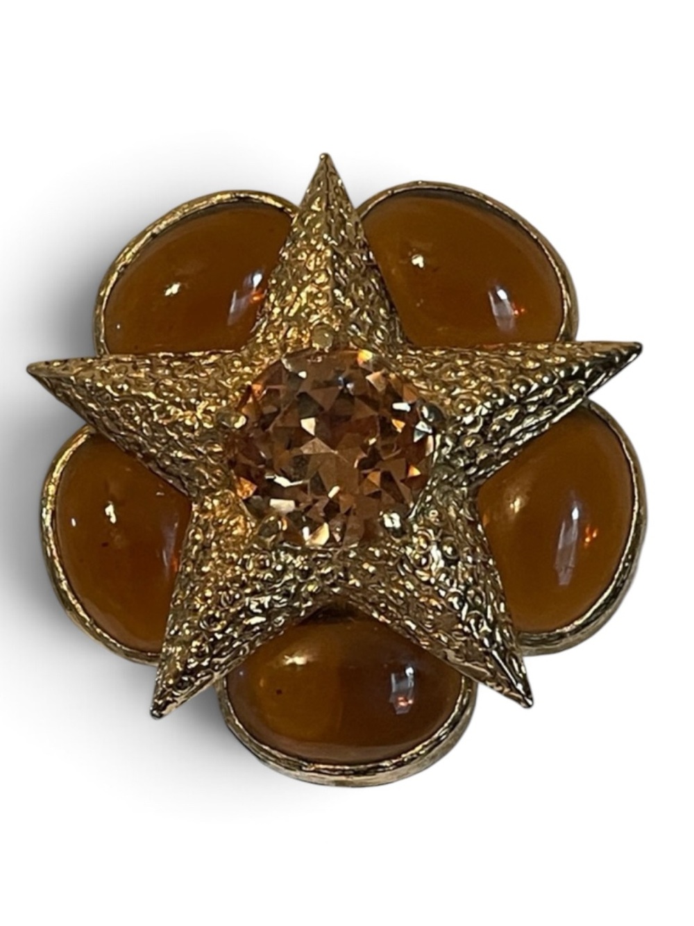 *RARE* Vintage Benedikt NY Amber Colored Glass Cabochon Star Brooch